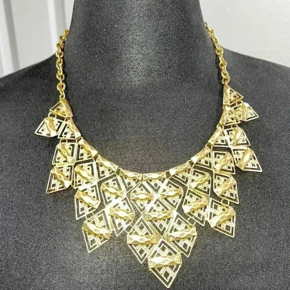 Big Gold tone Statement necklace.  Triangular.  Long length - Picture 1 of 7